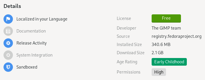 Fedora claims GIMP is sandboxed. If you click “High” next to “Permissions”, you see a little exclamation mark saying it has “File system” permissions.